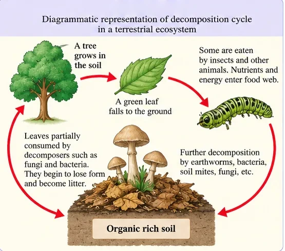 A cycle: a tree grows in the soil, a green leaf falls, some leaves are eaten by insects, leaves are broken down by fungi and bacteria into litter, and earthworms, bacteria, mites and fungi decompose it further into organic-rich soil