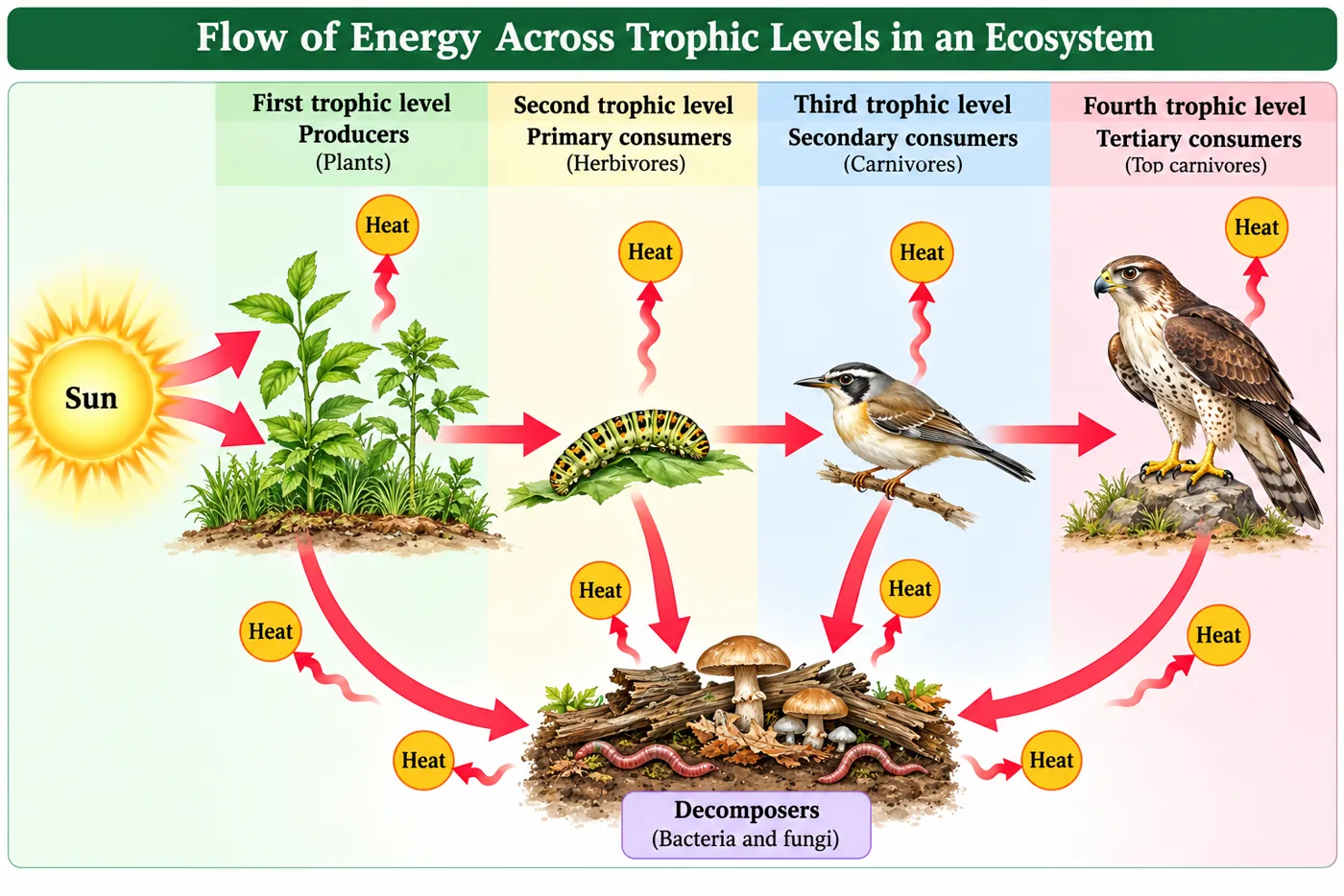 Energy from the sun flows from plants to a caterpillar to a small bird to a hawk across four trophic levels; heat is lost at every level and dead matter from each level goes to decomposers (fungi, earthworms, bacteria)