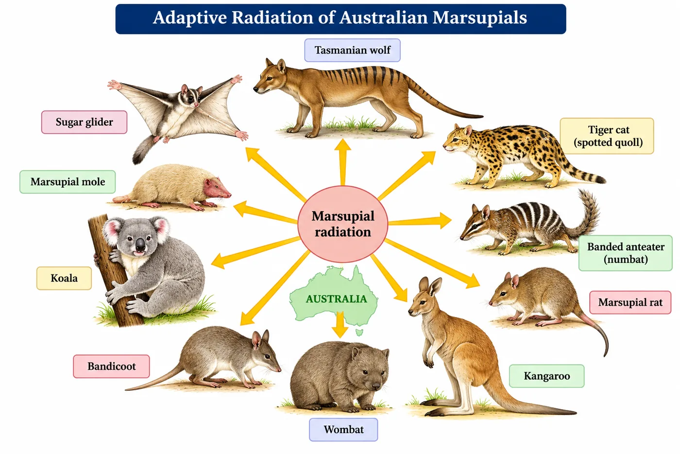 Australian marsupials radiating from a central ancestor: Tasmanian wolf, tiger cat, banded anteater (numbat), marsupial rat, kangaroo, wombat, bandicoot, koala, marsupial mole and sugar glider