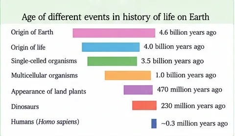 Bar chart of the ages of events: origin of Earth 4.6 billion years ago, origin of life 4.0 billion, single-celled organisms 3.5 billion, multicellular organisms 1.0 billion, land plants 470 million, dinosaurs 230 million, humans about 0.3 million years ago