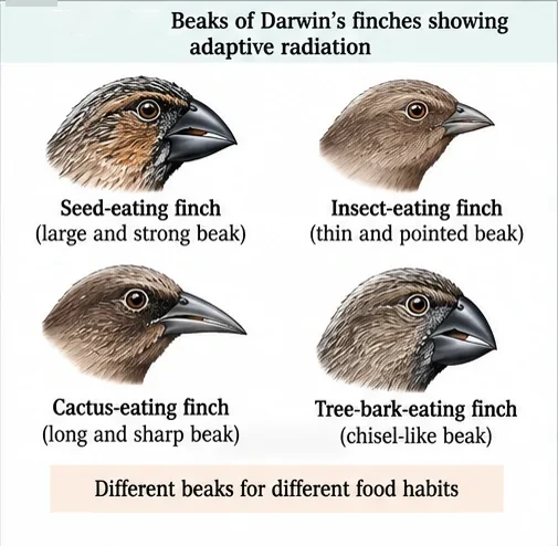Four finch heads with different beaks: a large strong seed-eating beak, a thin pointed insect-eating beak, a long sharp cactus-eating beak and a chisel-like tree-bark beak