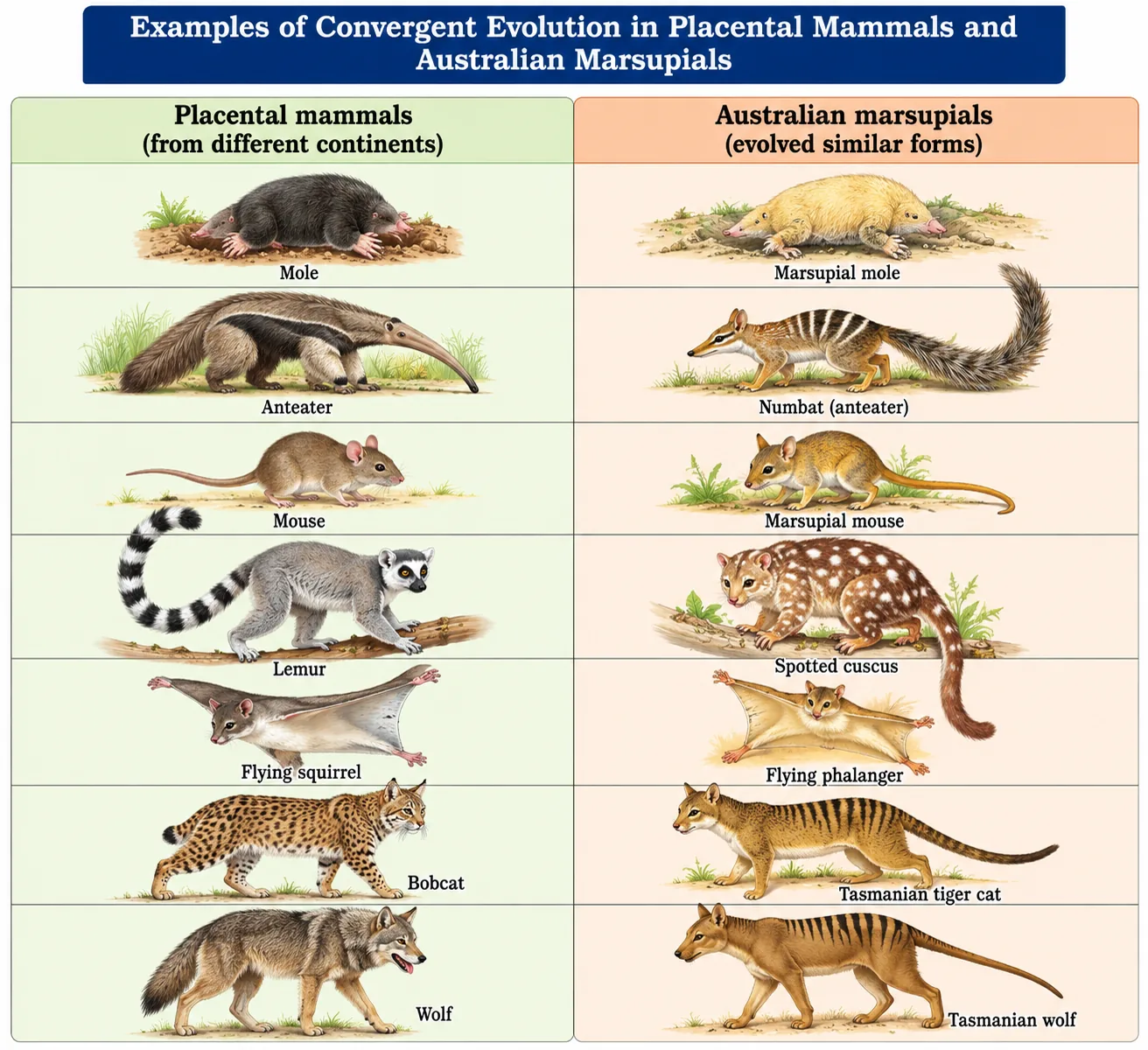 Pairs of similar-looking animals: placental mole and marsupial mole, anteater and numbat, mouse and marsupial mouse, lemur and spotted cuscus, flying squirrel and flying phalanger, bobcat and Tasmanian tiger cat, wolf and Tasmanian wolf