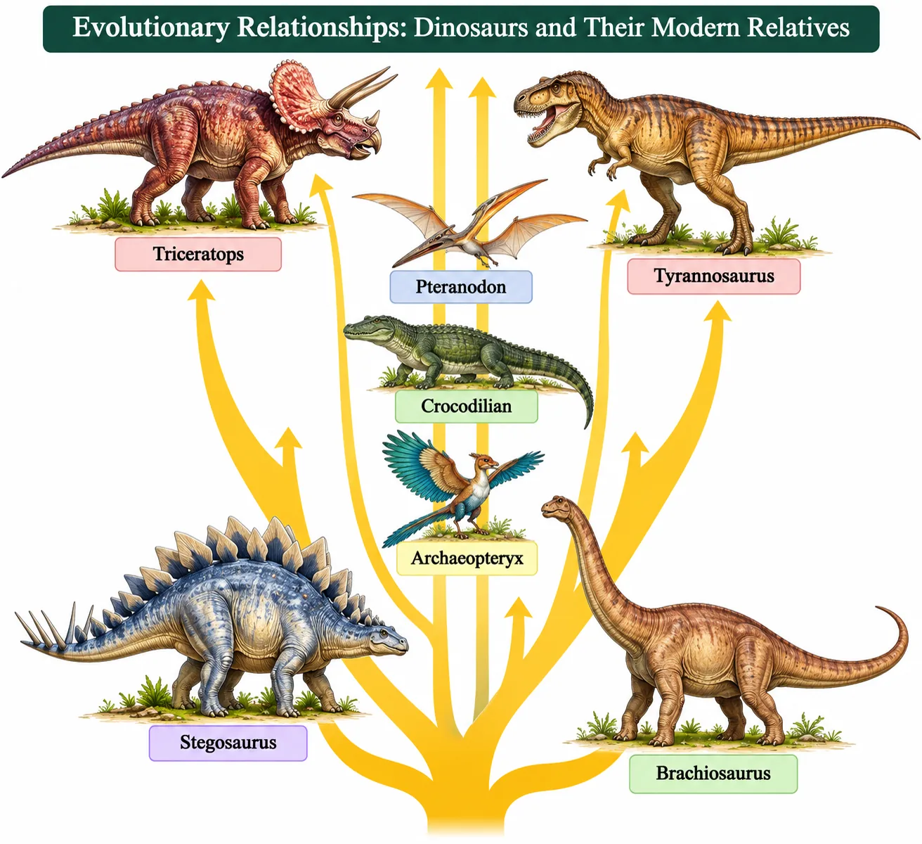 A branching tree with Stegosaurus, Triceratops, Pteranodon, a crocodilian, Archaeopteryx, Tyrannosaurus and Brachiosaurus