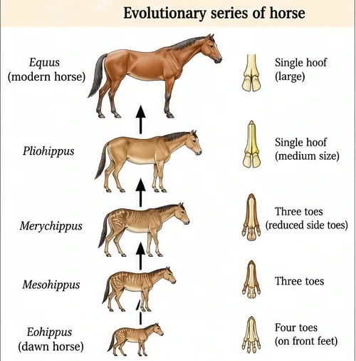 Horse evolution from Eohippus with four toes on the front feet, through Mesohippus and Merychippus with three toes, Pliohippus with a single hoof, to Equus with a large single hoof