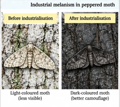 A light-coloured peppered moth camouflaged on lichen-covered bark before industrialisation, and a dark-coloured moth camouflaged on soot-darkened bark after industrialisation