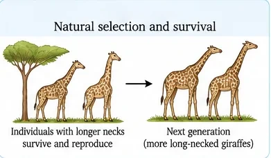 Giraffes with longer necks feeding from a tall tree survive and reproduce, leading to a next generation with more long-necked giraffes