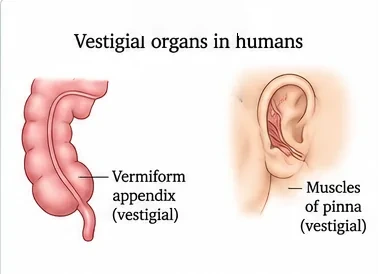The vermiform appendix of the human large intestine and the muscles of the pinna of the ear, both labelled vestigial