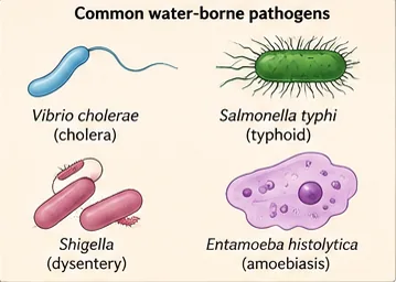 Four pathogens spread through contaminated water: comma-shaped Vibrio cholerae, rod-shaped Salmonella typhi, Shigella, and the amoeboid Entamoeba histolytica