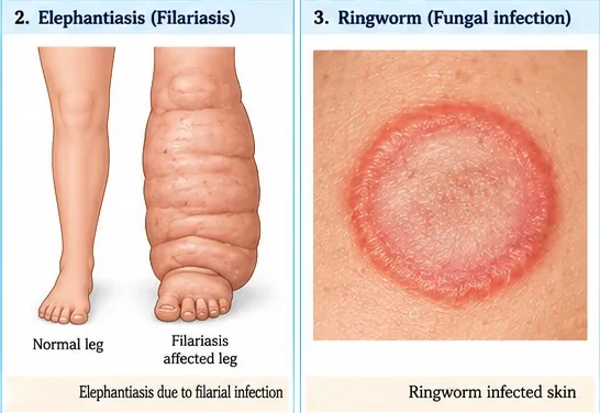 A normal leg beside a grossly swollen leg affected by filariasis, and a red circular ringworm lesion on skin