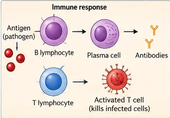 An antigen activating a B lymphocyte that becomes a plasma cell releasing antibodies, and a T lymphocyte becoming an activated T cell that kills infected cells