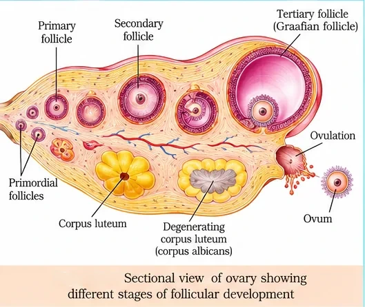 Section of an ovary showing primordial, primary, secondary and tertiary (Graafian) follicles, ovulation, the released ovum, corpus luteum and degenerating corpus luteum (corpus albicans)