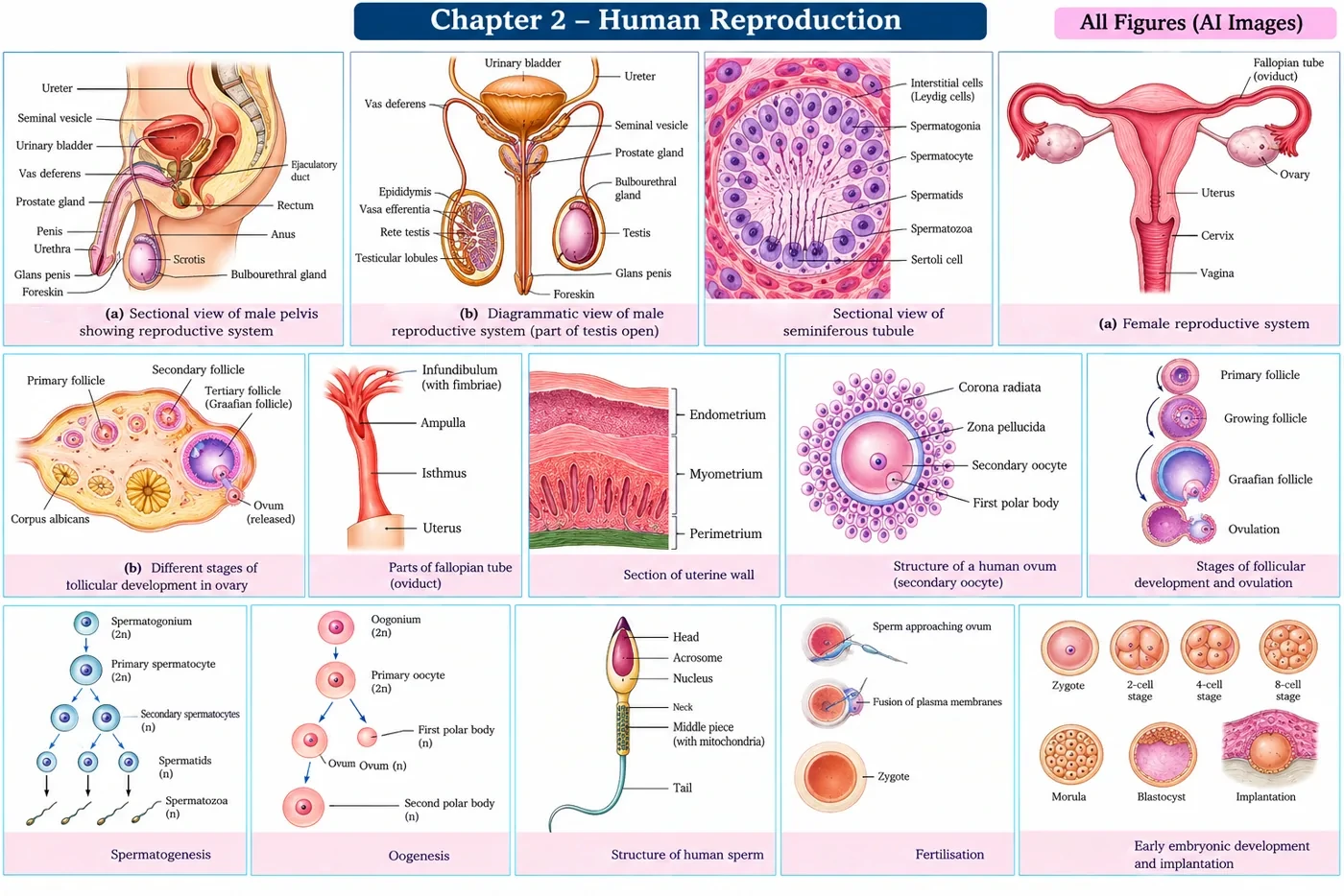 A summary sheet of all human reproduction figures: male pelvis, male reproductive system, seminiferous tubule, female system, follicular development, fallopian tube, uterine wall, ovum, follicle stages, spermatogenesis, oogenesis, sperm, fertilisation and early development