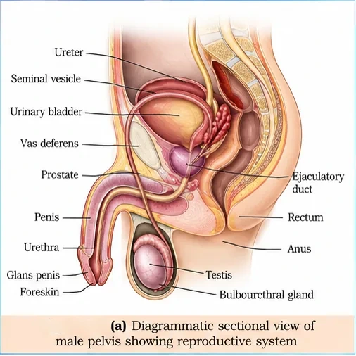 A detailed sectional view of the male pelvis with ureter, seminal vesicle, urinary bladder, vas deferens, prostate, ejaculatory duct, penis, urethra, testis, rectum and anus