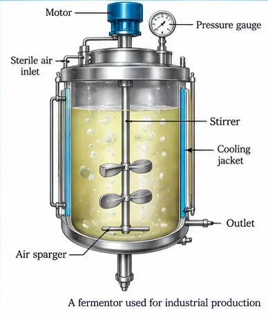 A stainless-steel fermentor with motor and stirrer, sterile air inlet, air sparger, cooling jacket, pressure gauge and outlet