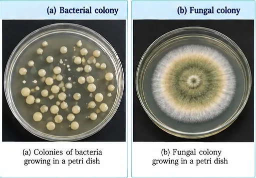 A petri dish with many round bacterial colonies and another with a single large fuzzy fungal colony