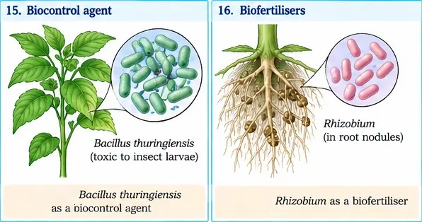 A leafy plant with an enlarged view of Bacillus thuringiensis cells toxic to insect larvae, and plant roots with nodules containing Rhizobium bacteria