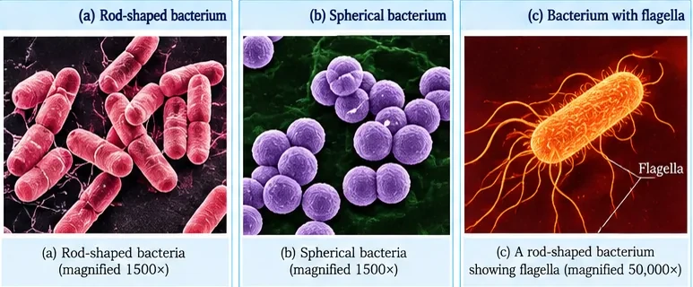 Micrographs of rod-shaped bacteria, spherical bacteria and a rod-shaped bacterium with many flagella