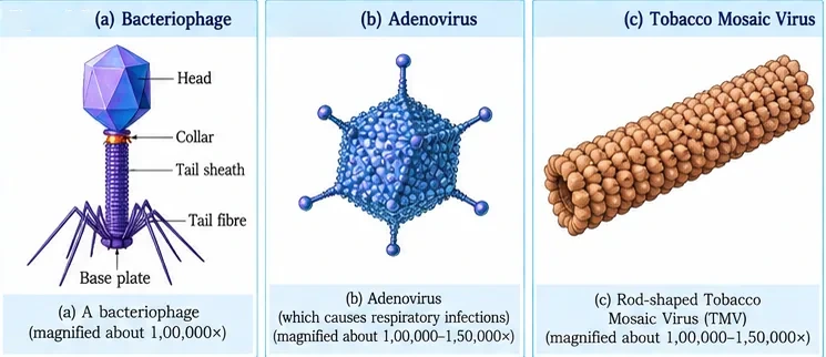 A bacteriophage with head, collar, tail sheath, tail fibres and base plate; an icosahedral adenovirus; and a rod-shaped tobacco mosaic virus