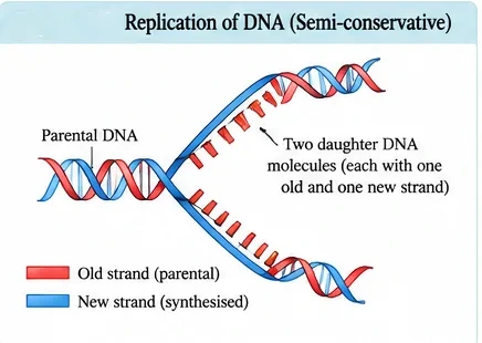 A parental DNA double helix unwinding at a replication fork, each old strand pairing with a newly synthesised strand to give two daughter DNA molecules