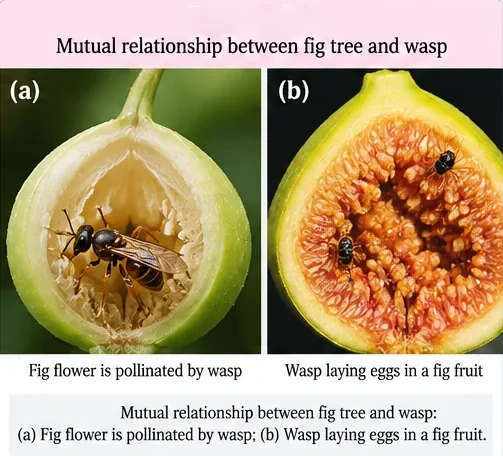 A cut fig with a wasp inside pollinating the flowers, and a ripe fig with wasps laying eggs among the seeds