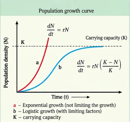 Graph of population density against time: a J-shaped exponential curve dN/dt = rN rising steeply, and an S-shaped logistic curve dN/dt = rN(K−N)/K levelling off at the carrying capacity K