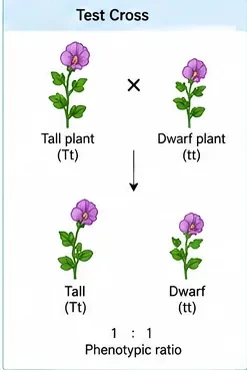 Test cross: a tall Tt plant crossed with a dwarf tt plant gives tall Tt and dwarf tt offspring in a 1:1 ratio