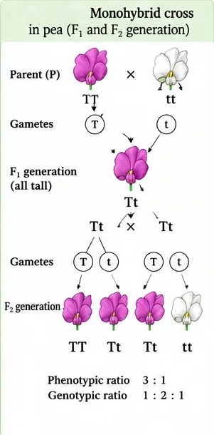 Monohybrid cross: TT parent crossed with tt parent gives Tt in F1, and selfing Tt gives TT, Tt, Tt and tt in F2, with 3:1 phenotypic and 1:2:1 genotypic ratios