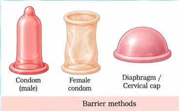 A male condom, a female condom and a dome-shaped diaphragm or cervical cap