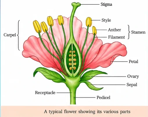 A typical flower with stigma, style, ovary, anthers and filaments of stamens, petals, sepals, receptacle and pedicel